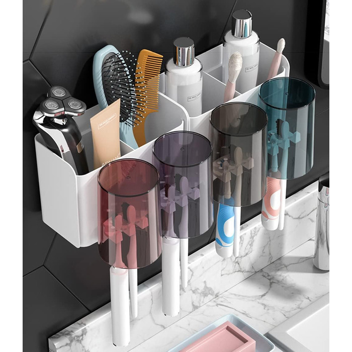 Тримач для зубних щіток, клейкий тримач для зубних щіток, підставка для зубної пасти з 4 чашками 8 відділень для зберігання насадок для зубних щіток