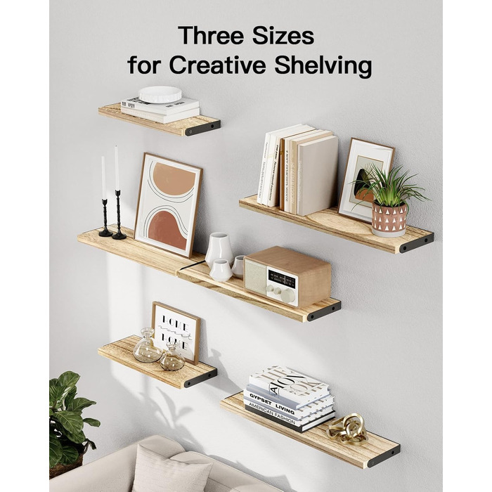 Комплект настінних полиць Pipishell із 6 предметів, дерево та метал, полиці для зберігання, максимальне навантаження 18 кг, для вітальні, спальні, офісу, ванної кімнати або кухні, коричневий