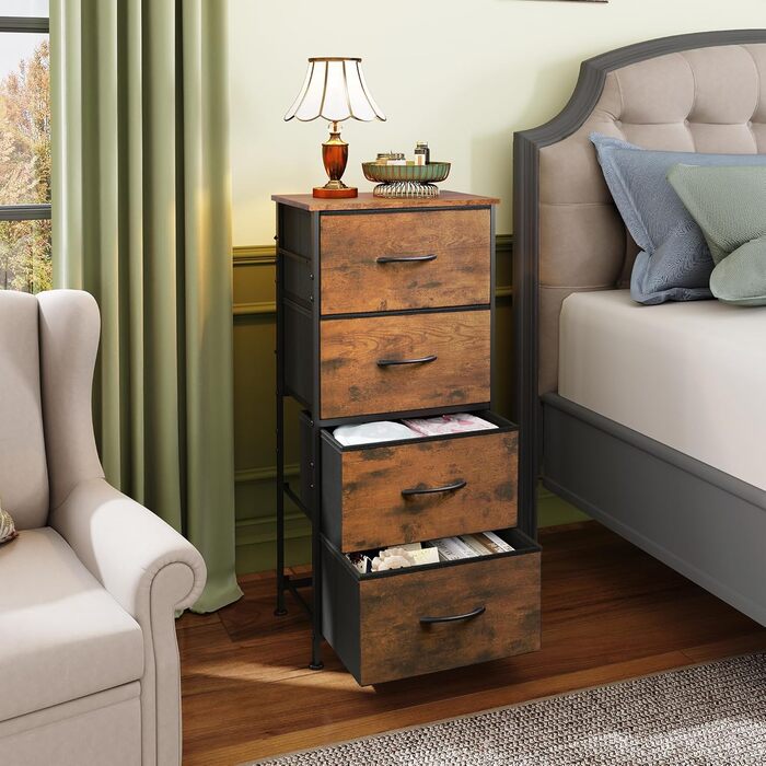 Комод WLIVE з 4 тканинними шухлядами, комод для спальні, комод для вітальні, з міцним сталевим каркасом, дерев&39яна стільниця, рустикальний коричневий вінтажний коричневий чорний 29,8 Г x 39,8 Ш x 98,2 В см (4 шухляди)