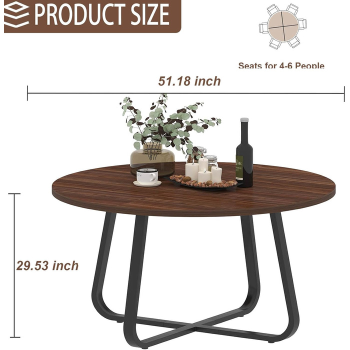 Круглий обідній стіл LVB, сучасні кухонні столи з дерева та металу, невеликий обідній стіл у промисловому стилі для 4-6 осіб, коло, журнальні обідні столи для дому, кухні, вітальні, горіх, 130 см (130 130 75 см)