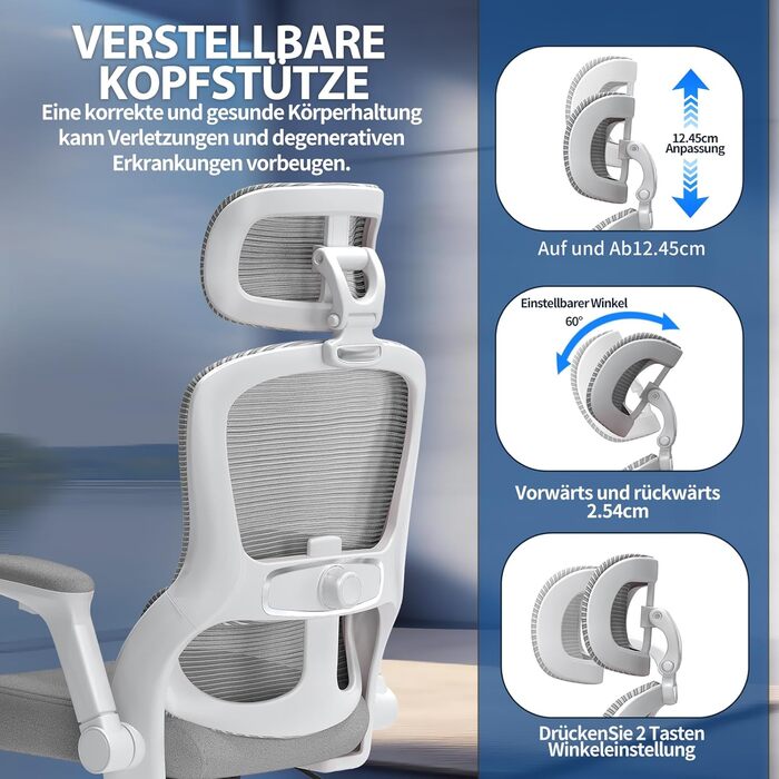 Ергономічне офісне крісло TRALT - Ігрове крісло з регульованим підголівником та поперековою опорою - Офісне крісло для дому - Комп&39ютерне крісло для високих людей - Сітчасте крісло, вантажопідйомність 150 кг, сірий колір