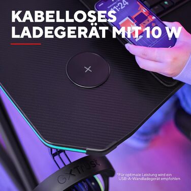 Ігровий стіл Trust Gaming GXT 710 Luminus Pro 120x60 з RGB LED, вбудованим бездротовим зарядним пристроєм 10 Вт, 10 колірними режимами, ігровий стіл з підсклянником, гачком для навушників - чорний 120x60 см - Pro Edition Black