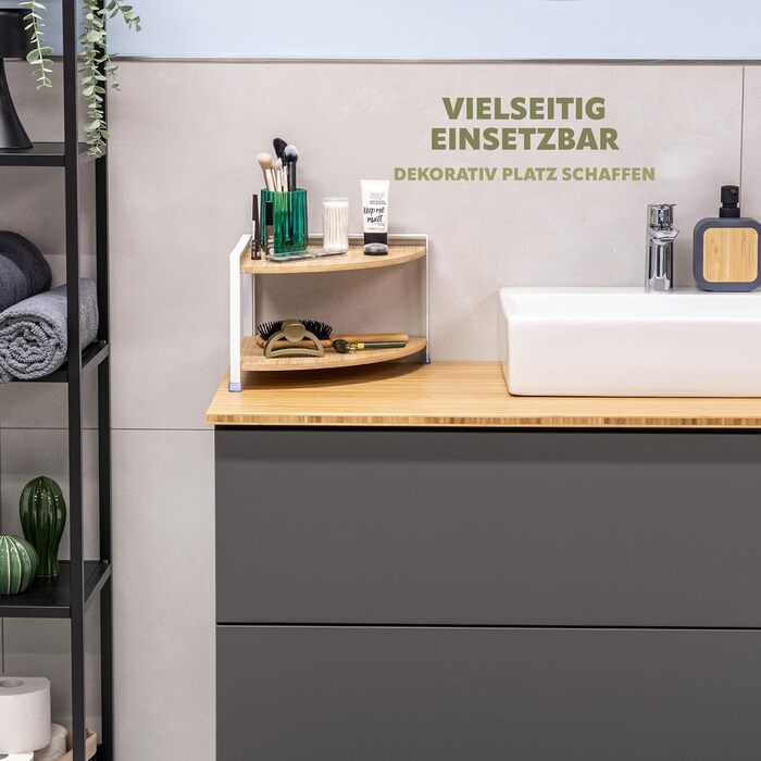 Кутова полиця для спецій eluno з бамбуковими полицями та захистом від подряпин, окремостояча кутова полиця для кухні, універсальний органайзер для більшого простору та порядку - комбінація матеріалів бамбук та метал (білий) білий