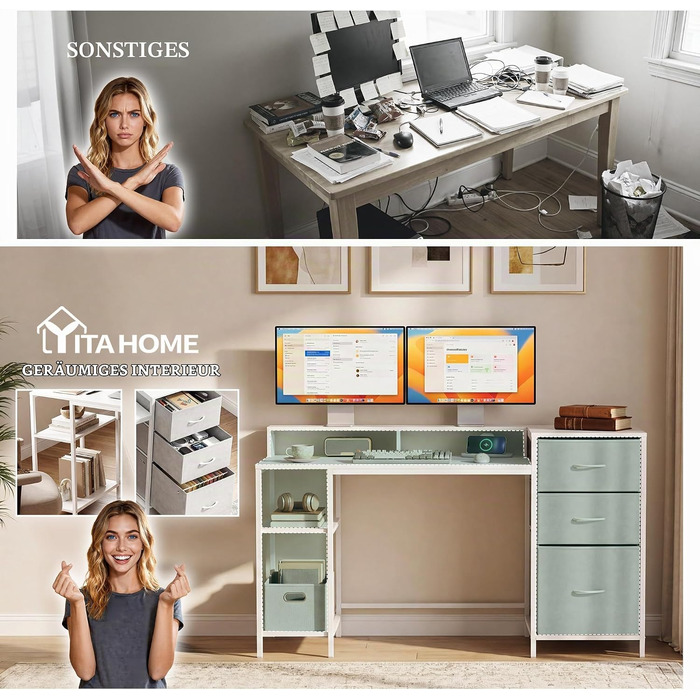 Кутовий письмовий стіл YITAHOME з розетками та шухлядами, комп'ютерний стіл Білий, 144 x 50 x 87 см