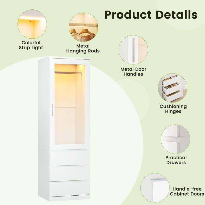 Однодверна шафа Dripex, маленька шафа з однією рейкою для одягу та 3 шухлядами, мінімалістична гардеробна 50 x 48 x 180 см Біла, для однокімнатних шаф 50 x 48 x 180 см - одні двері