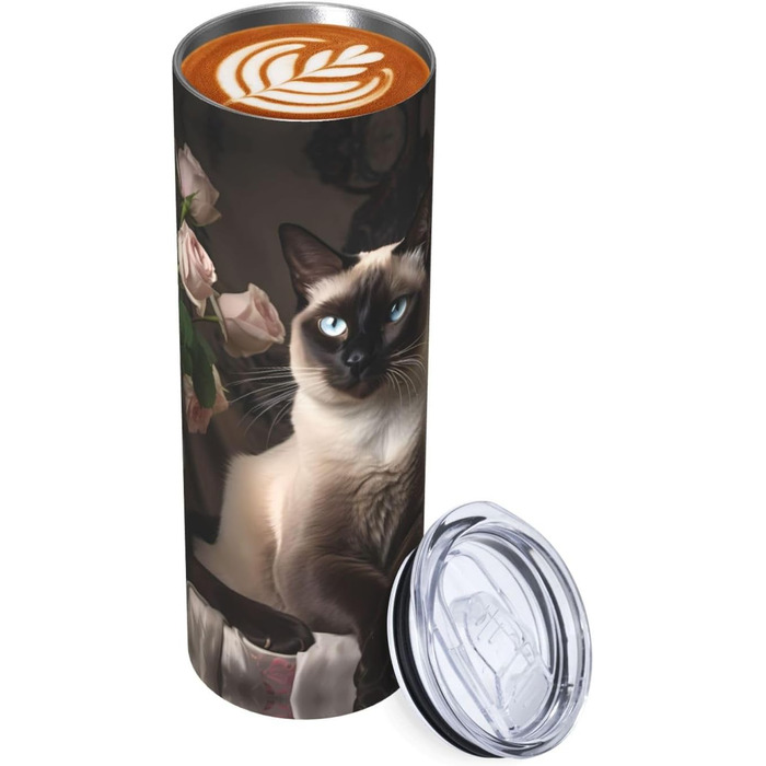 Кухоль з прямою трубочкою, елегантний принт сіамського кота, дорожній кухоль, підходить для кемпінгу, офісу та дому, 590 мл