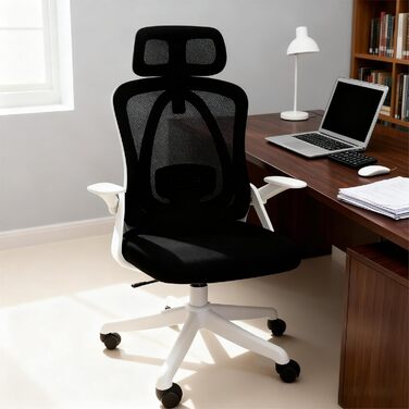 Ергономічне офісне крісло, стілець для роботи з регульованими підлокітниками, 3D-підголівником та 3D-поперековою опорою, офісне крісло з функцією гойдання та нахилу (біле та чорне) Оновлення підголівника в білому та чорному варіантах