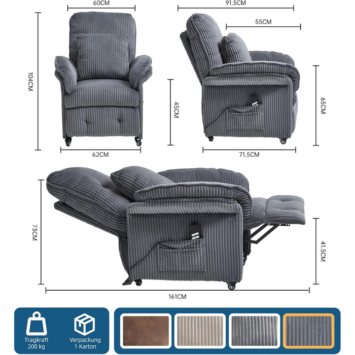 Моторне електричне крісло-реклайнер, крісло для телевізора з функцією відкидання, крісло для телевізора у вітальні з колесами, регульована спинка та підставка для ніг, 2 бічні кишені, вельветовий диван, темно-сірий, 2-