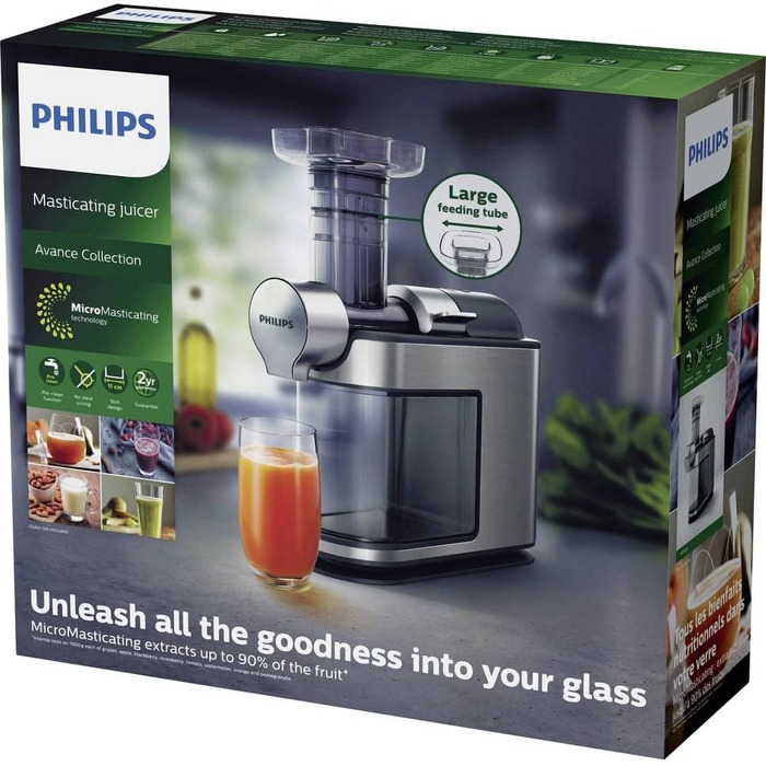 Соковижималка Philips 200 Вт, 1 л, додаток HomeID Recipes, великий заливний порт, швидке чищення (HR1949/20), повністю металева одинарна