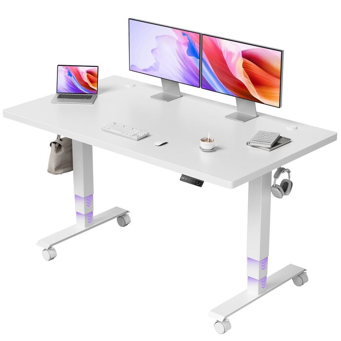 Стіл Claiks з регульованою висотою 16075 см, з 2 електродвигунами, товщиною стільниці 25 мм, вантажопідйомність 130 кг, стіл з регульованою висотою, 3-функціональною пам&39яттю та 4 тихими колесами, білий 160 x 75 см