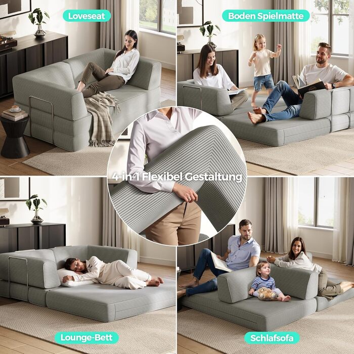 Розкладний диван LINSY HOME - Розкладний диван-ліжко з підлокітником та подушкою для спини - Розкладний диван-ліжко, ширина 160 см - Стиснутий диван у коробці - Вельветова тканина для вітальні, спальні, сірий колір, ширина 1,6 м