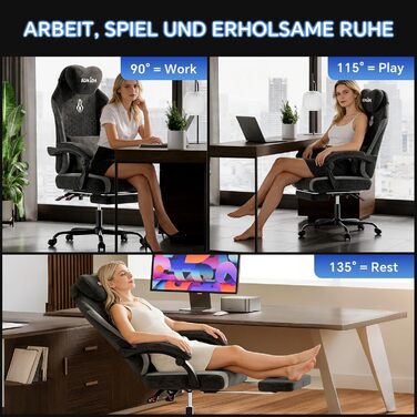 Ігрове крісло SUKIDA, ергономічне робоче крісло з підставкою для ніг, підголівником та поперековою подушкою, робоче крісло з високоякісною тканинною поверхнею - чорне