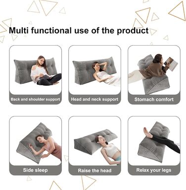 Подушка для спини Supfine, подушка для читання для ліжка та дивана, клиноподібна подушка з кишенею для мобільного телефону, вельвет, подушка для сидіння, настінна подушка, чохол, який можна прати (160x50x20 см, сірий, вельвет) сірий, вельвет 160x50x20 см