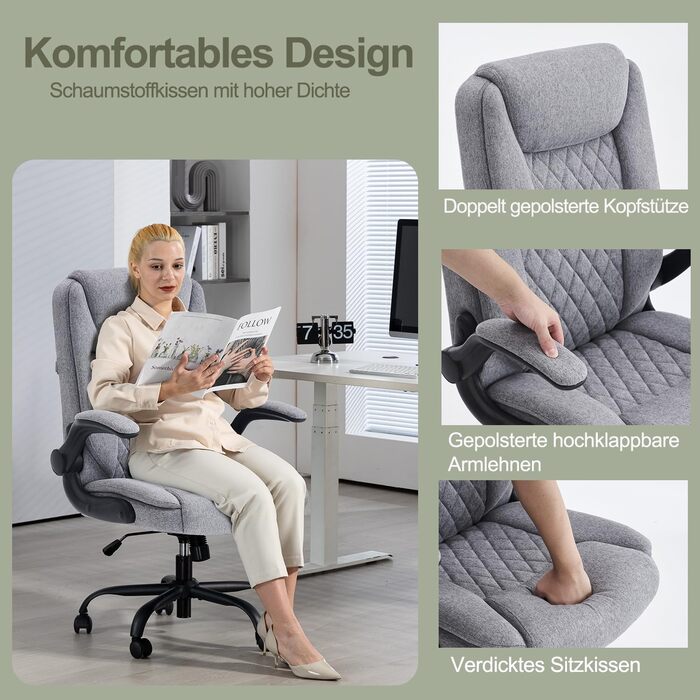 Ергономічне офісне крісло CASTLOVE, крісло керівника з м&39якими підлокітниками, складне, регульоване по висоті, функція гойдання та підголівник, зручне для домашнього офісу, вантажопідйомність 150 кг, сіра тканина