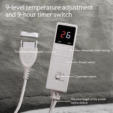 Електрична ковдра з підігрівом та автоматичним вимкненням, 130x160 см, фланель та бавовна, 9 налаштувань температури та 9-годинний таймер, захист від перегріву, м&39яка та приємна для шкіри, можна прати в пральній машині, для дивана/ліжка, світло-сірий 00