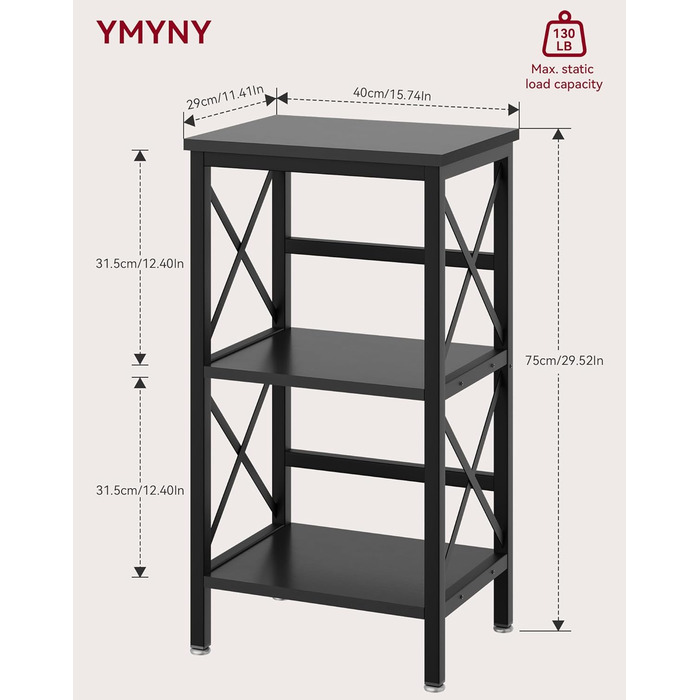 Книжкова полиця YMYNY, окремостояча полиця з 3 полицями, міцна X-подібна рама, регульовані ніжки, легке складання, 402975 см, для вітальні, спальні, кухні, кабінету, ванної кімнати, чорна HST008B