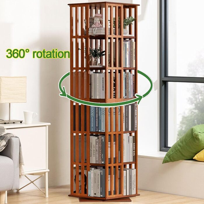 Книжкова полиця, що обертається на 360, з 5/6-ярусною бамбуковою полицею для зберігання, підлогова книжкова шафа-стійка, вітрина для дітей та дорослих, вітальня, кабінет, офіс (6 полиць)