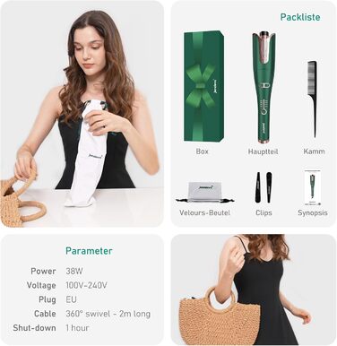 Автоматична плойка, автоматична плойка Janelove великі локони для довгого волосся, негативний іонний бігуді з 4 температурами 25 м