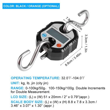 Електронні ваги, цифрові підвісні ваги з РК-дисплеєм, 150 кілограмів, електронні ваги з підвісними гачками та петлею для зважування (чорні)