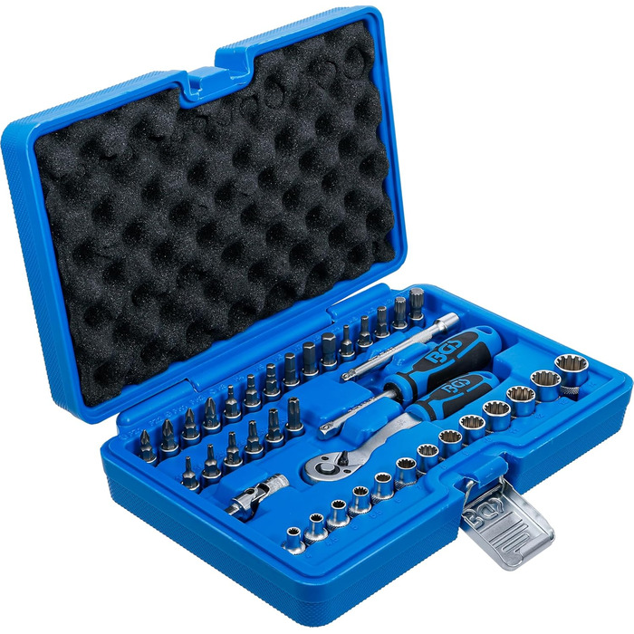 Набір торцевих головок BGS 2151 з фіксатором Gear Lock Привід 6,3 мм (1/4) 38 предметів, 1/4 дюйма, сріблясто-синьо-чорний