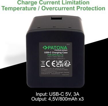 Зарядний кейс PATONA преміум-класу з 3 відсіками, сумісний з GoPro Hero 13, AEBAT-201 Заряджає 3 акумулятори одночасно Зі світловим індикатором та застібкою-клацкою Компактний та легкий У комплекті кабель USB-C