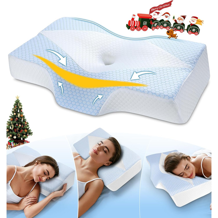 Подушка для шиї з піни з ефектом пам&39яті для полегшення болю в шиї, контурна подушка для сну, ортопедична з наволочкою для сну на боці, спині та животі, охолоджувальна O2-синьо-біла