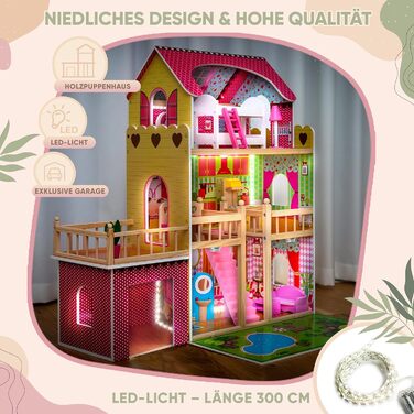 Дерев&39яний ляльковий будиночок Kinderplay Велика 3-поверхова вілла з гаражем та садом Світлодіодне освітлення, 17 предметів меблів Для дітей від 3 років, Ляльки до 30 см 90 см заввишки, Рожевий