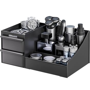Чорний косметичний органайзер для чоловіків, органайзер для туалетного столика з шухлядами, місце для зберігання косметики та одеколону, скринька для ванної кімнати та спальні (матово-чорний)