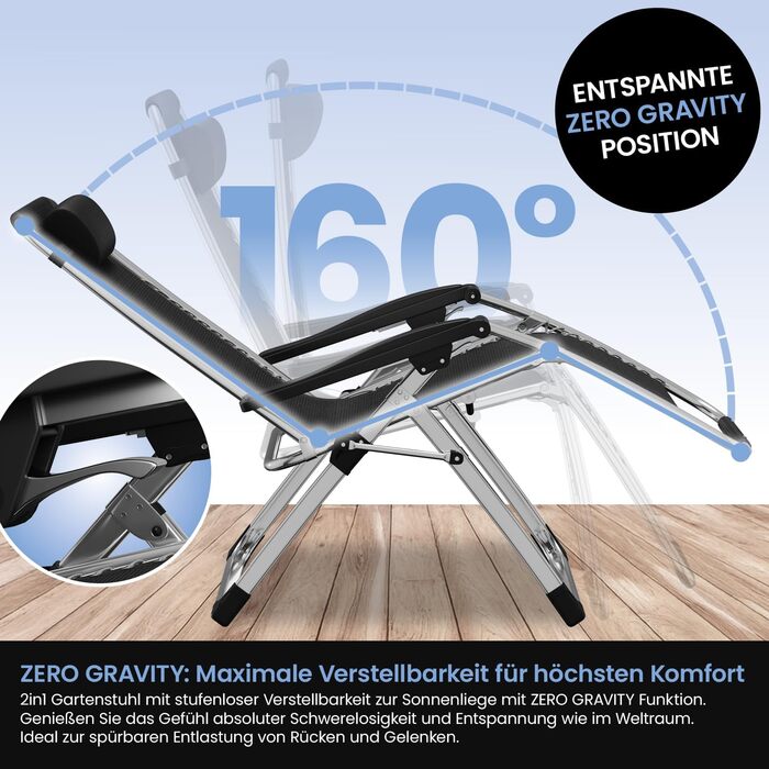 Складаний шезлонг ELONEO з преміальною подушкою, всепогодний шезлонг з вантажопідйомністю 200 кг, надзвичайно широкий садовий стілець, садовий шезлонг з регульованою спинкою, подушкою для шиї та тримачем для напоїв, антрацит