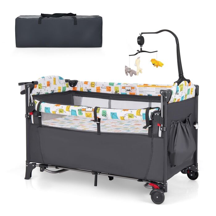 Дорожнє ліжечко DREAMADE 5-в-1 з матрацом 120 x 60 см, регульована по висоті тумбочка з пеленальний столик, музичний мобіль та іграшки, дитяче ліжечко та гойдалка для малюків від народження (сірий)