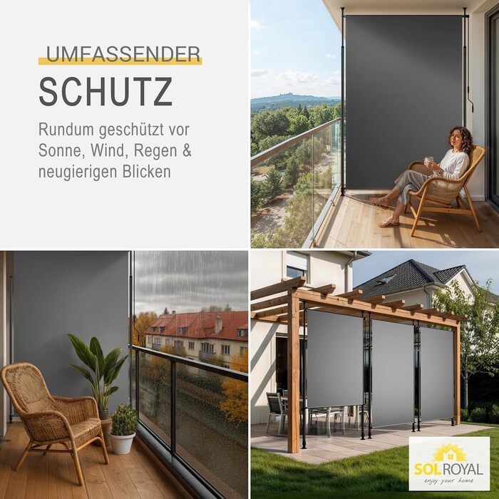 Тент Sol Royal Clamp, вертикальний тент для зовнішнього використання 200x310 см, захист від сонця та конфіденційності, балконний тент, свердління не потрібне вітрозахисний для саду або патіо, ручний, антрацит, водонепроникний, KM5 200 см антрацит