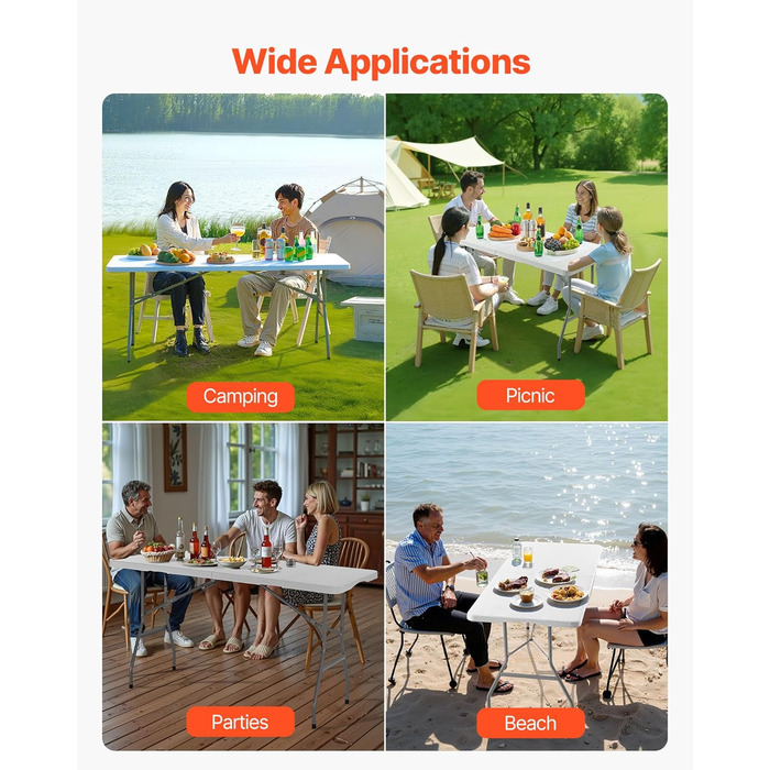 Розкладний фуршетний стіл VEVOR, портативний універсальний стіл, 180 см, прямокутний пластиковий стіл (для 4-6 осіб) з інтегрованою ручкою, садовий стіл, кемпінговий стіл для вечірок, пікніків, кемпінгу, білий