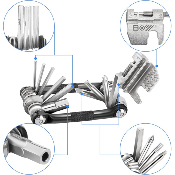 Велосипедний мультиінструмент, 17 в 1 Велосипедний інструмент Багатофункціональний інструмент Набір для ремонту велосипеда Кишеньковий інструмент для шосейних і гірських велосипедів, з розривом ланцюга, шестигранним ключем і спицею