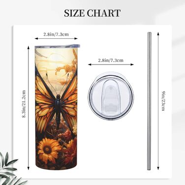 Кухоль з прямою трубочкою, 590 мл, помаранчевий/жовтий, поле метеликів, квіти, дорожній кухоль з принтом, підходить для кемпінгу, офісу та дому