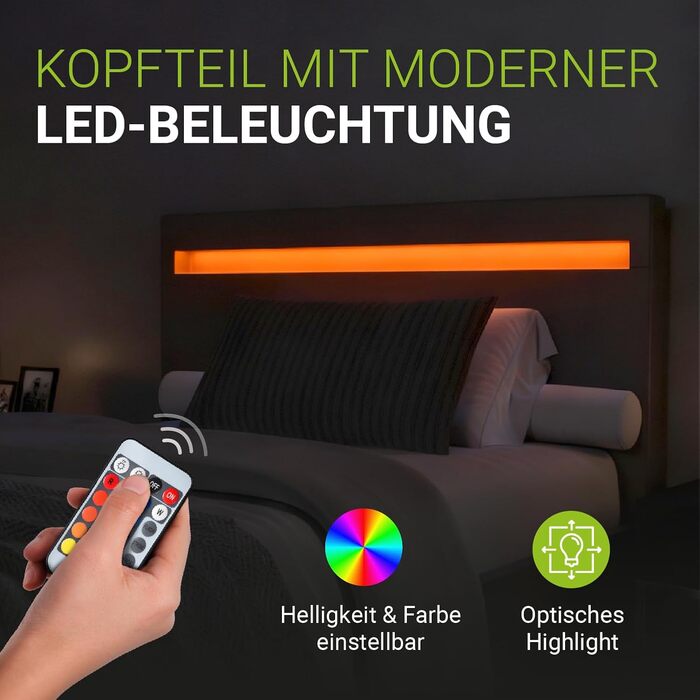 Ліжко Juskys Paris з м&39якою поверхнею 120x200 см - Каркас ліжка зі світлодіодним освітленням, рейковою основою та матрацом - сірий - штучна шкіра - Односпальне ліжко, дитяче ліжко, темно-сірий 120 x 200 см