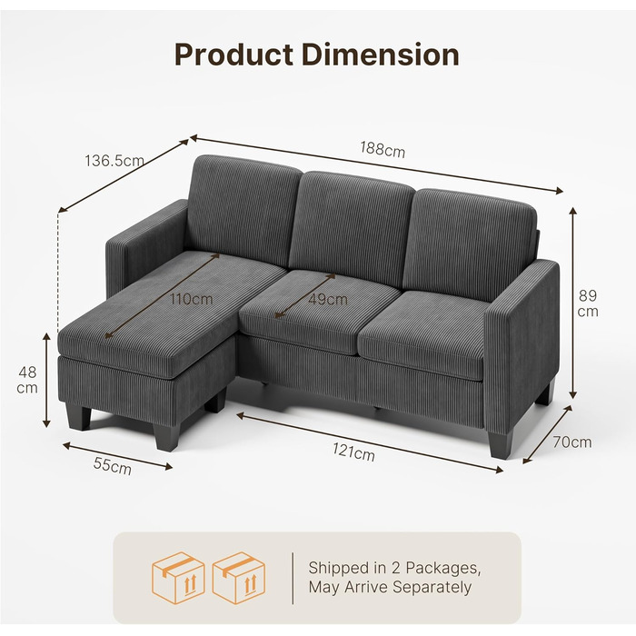 Г-подібний 3-місний кутовий диван Xbro з висувною підставкою для ніг, невеликий кутовий диван з м&39якої вельветової тканини, 188 136,5 89 см, темно-сірий/чорний