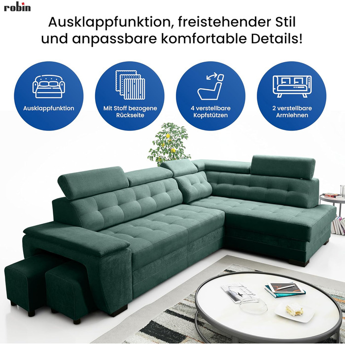 Кутовий диван Robin Inspire Grand з функцією сну, відділенням для зберігання речей, підголівниками, функцією відкидання спинки, 2 табурети, L-подібний диван, розкладний диван, окремостоячий кутовий диван, розкладний диван, меблі для вітальні, секційний ди