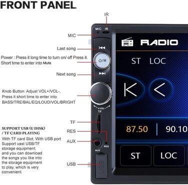 Радіо CAMECHO 2 Din з 7-дюймовим екраном, MP5-плеєр, автомобільна стереосистема з Bluetooth гучного зв'язку та USB/FM/дзеркала/керування на кермі, підтримка USB/TF/AUX камери заднього виду