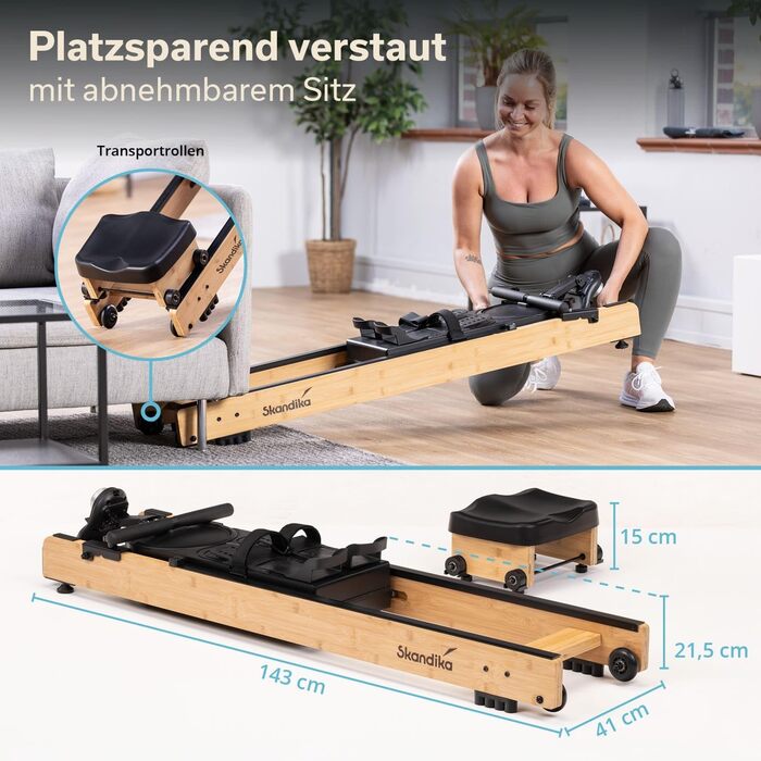 Гребний тренажер Skandika Rovek Дерев&39яний гребний тренажер, складний домашній гребний тренажер, магнітний опір з 32 рівнями, сумісний із додатком Kinomap, окремостоячий, до 195 см, світло-коричневий