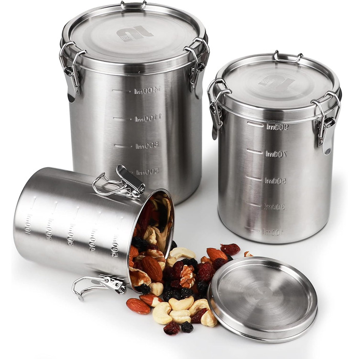Контейнери для зберігання з нержавіючої сталі Nicelock, набір з 3 шт. , з кришками, герметичні кавові каністри, контейнери для зберігання продуктів, легкий та гігієнічний матеріал - набір з 3 предметів з нержавіючої сталі на 500 мл, 1000 мл та 1600 мл (52