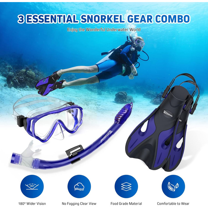 Набір для дитячого підводного плавання з ластами, панорамною маскою для дайвінгу з захистом від запотівання 180, регульованими ластами та преміальною сухою трубкою, набір для дитячого підводного плавання 3-в-1 з сумкою для перенесення L/XL (31-36) синього