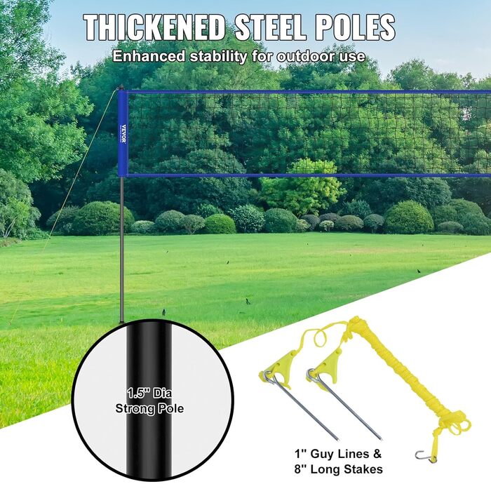 Комплект волейбольної сітки VEVOR зі збільшеним ігровим полем (9,7 x 2,4 м), Портативний, синій, з регульованою висотою, для пляжу та саду (з м'ячем та сумкою)