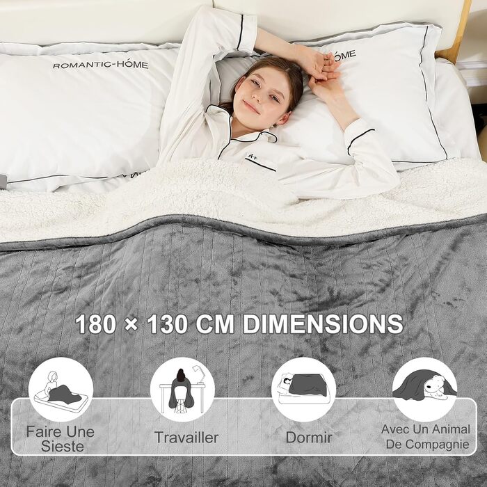 Електрична ковдра з автоматичним вимкненням, 130x180 см Фланель, 6 режимів нагріву та 10-годинний таймер вимкнення, захист від перегріву, можна прати в пральній машині, сіра, 130 x 180 см