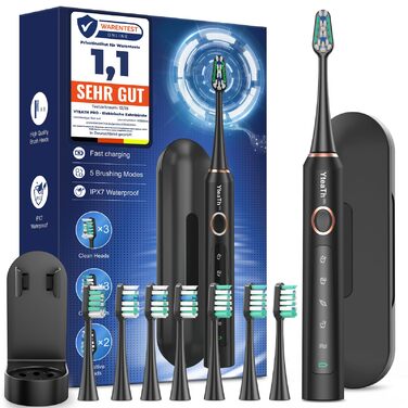 Електрична зубна щітка для дорослих і дітей звукова щітка з 8 насадками (3 типи), 90 днів роботи від акумулятора, 5 режимів, 50000 обертів на хвилину, дорожній футляр, таймер, чорний колір