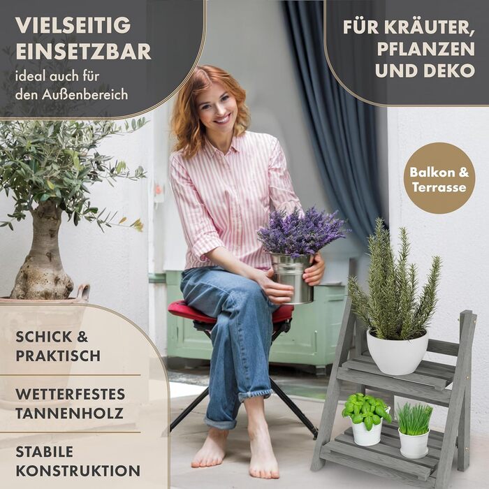 Квіткова драбина S 52x424см світло-сіра - 2-ярусна квіткова драбина, декоративна та стійка до атмосферних впливів, виготовлена з масиву дерева - підставка для рослин для квартири, балкону, тераси, для вулиці та приміщень, складна, S - 52x424см