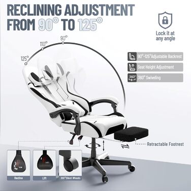 Геймерське крісло з поперековою опорою, ергономічне офісне крісло, регульована спинка, потовщена подушка, міцне ігрове крісло, висувна підставка для ніг, комп&39ютерне крісло з підлокітниками, поворот на 360, біле, 68 см x 68 см x 117 см, сірий