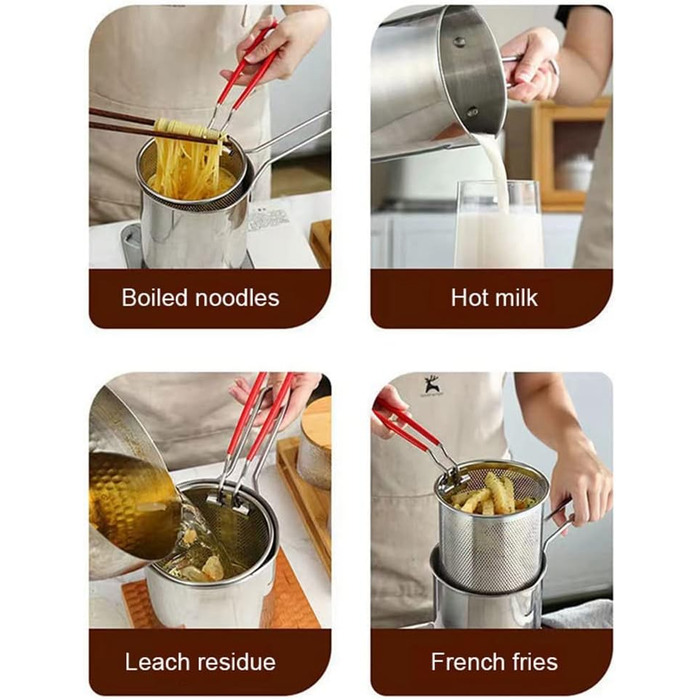 Каструля для картоплі фрі з нержавіючої сталі з кошиком для смаження, каструля для смаження Фритюрниця темпура з ситечком, сковорідки для курки для плит, кошик для картоплі фрі з нержавіючої сталі, кухонний інструмент для приготування їжі