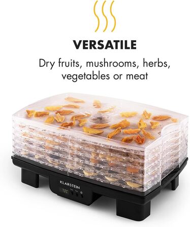 Дегідратор, дегідратор, сушарка для фруктів, м'яса та фруктів, 6 рівнів, штабельована, 550 Вт, регульована температура, робота з конвекцією, РК-дисплей, без бісфенолу А, чорний
