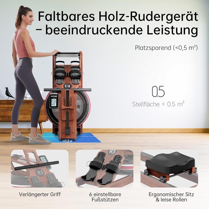 Складаний гребний тренажер R3 з дуба, з РК-дисплеєм з підтримкою Bluetooth, сумісний з Kinomap, резервуар для води 28 л, вантажопідйомність до 150 кг, ергономічне сидіння, регульований тримач для планшета Sapeli