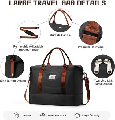 Велика жіноча дорожня сумка, ручна поклажа, спортивна сумка, сумка для вихідних, сумка для плавання, водонепроникна дорожня сумка, спортивна сумка, сумка для фітнесу, сумка для тренувань, лікарняна сумка з відділенням для взуття, N7-чорно-коричнева A03-чо